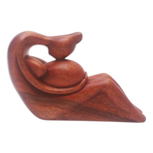 Alternate image for Hand-Carved Suar Wood Sculpture of Pregnant Woman Belly Kiss