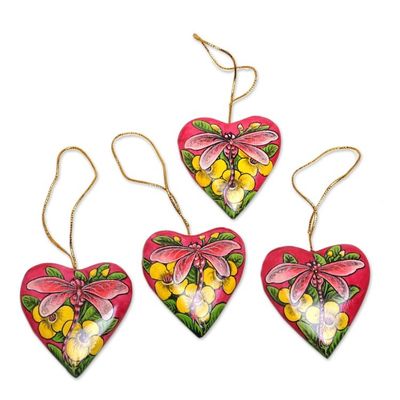 Alternate image for 4 Hand Painted Balinese Heart Ornaments with Dragonflies Dragonfly Love