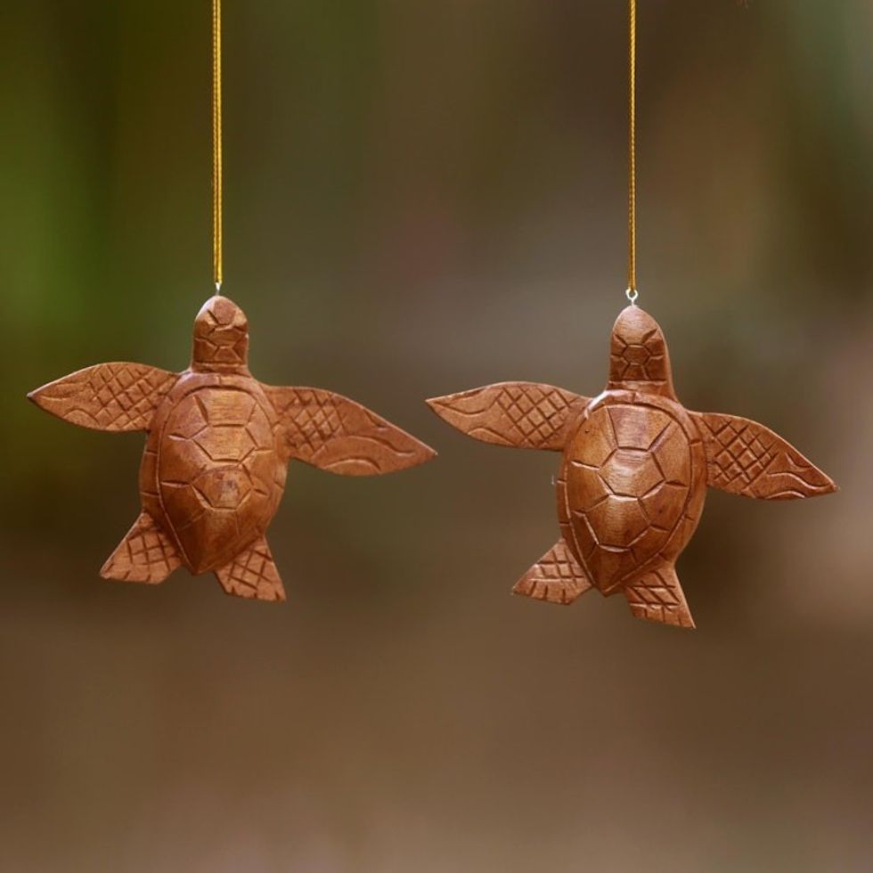 2 Turtle Wood Ornaments Artisan Crafted in Indonesia 'Patient Turtle'