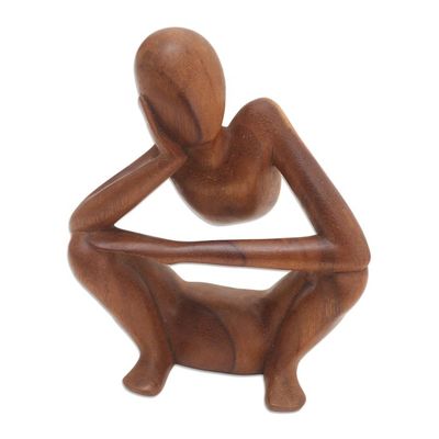 Alternate image for Hand Carved Suar Wood Statuette Thinking Posture