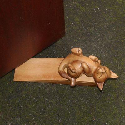 Alternate image for Suar Wood Door Stopper with Cat Motif After You