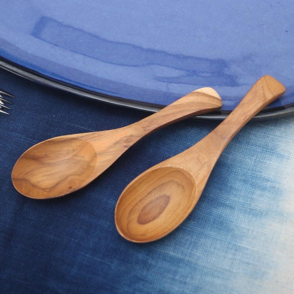 Handmade Teak Wood Spoons from Bali Pair 'Elegant Companions'