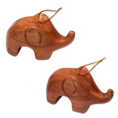 Alternate image for Hand Carved Petite Brown Elephant Wood Ornament Pair Little Brown Elephants