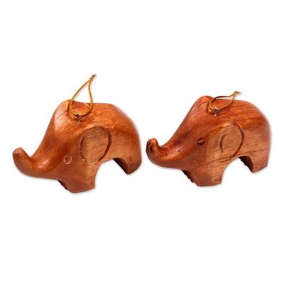 Alternate image for Hand Carved Petite Brown Elephant Wood Ornament Pair Little Brown Elephants