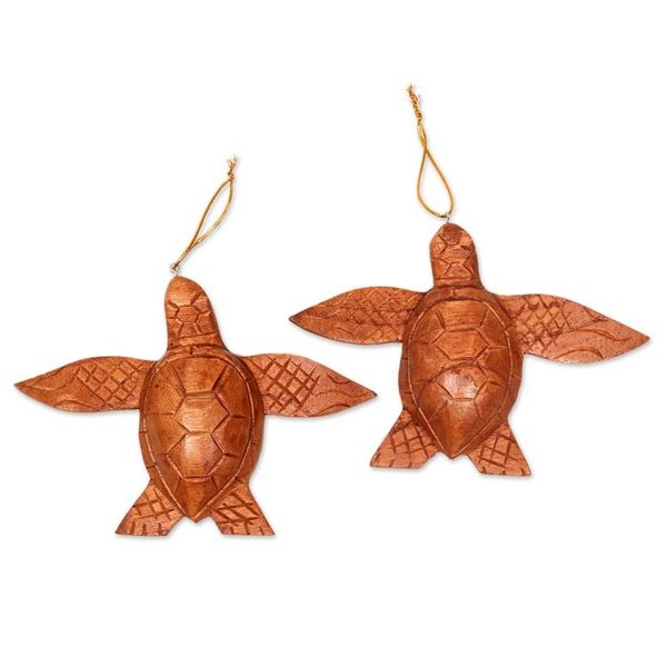 Alternate image for 2 Turtle Wood Ornaments Artisan Crafted in Indonesia Patient Turtle