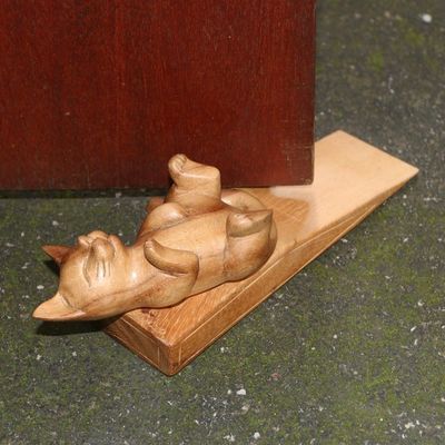 Alternate image for Suar Wood Door Stopper with Cat Motif After You