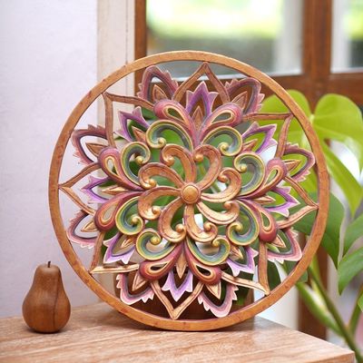Alternate image for Hand Carved Suar Wood Floral Relief Panel Twilight Flower