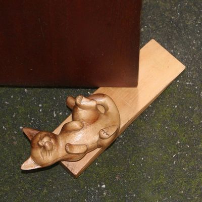 Alternate image for Suar Wood Door Stopper with Cat Motif After You
