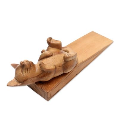 Alternate image for Suar Wood Door Stopper with Cat Motif After You