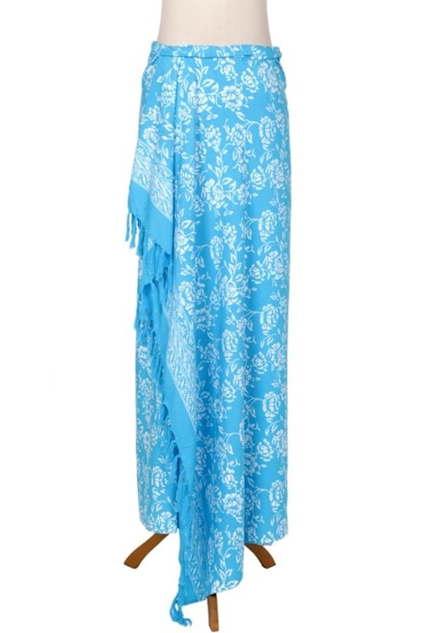 Alternate image for Cerulean Blue Rayon Batik Sarong with Fringed Ends Tropical Garden in Cerulean