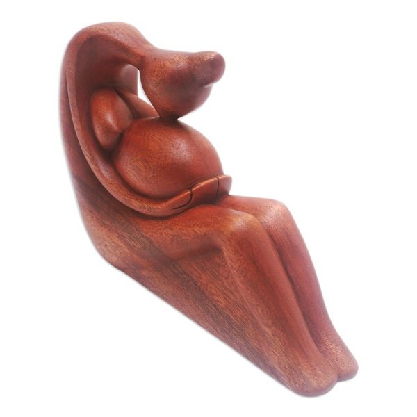 Alternate image for Hand-Carved Suar Wood Sculpture of Pregnant Woman Belly Kiss