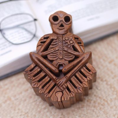 Alternate image for Handmade Suar Wood Puzzle Box with Skeleton Motif Bare Bones