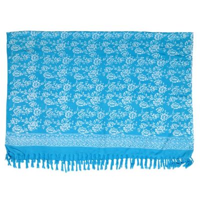 Alternate image for Cerulean Blue Rayon Batik Sarong with Fringed Ends Tropical Garden in Cerulean