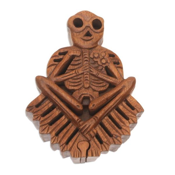 Alternate image for Handmade Suar Wood Puzzle Box with Skeleton Motif Bare Bones
