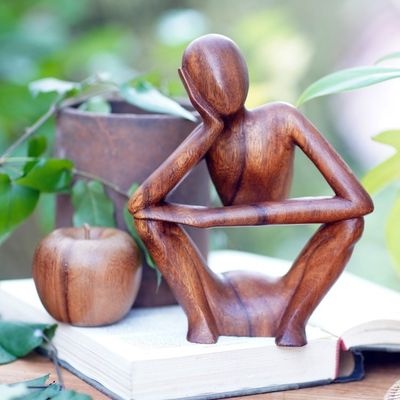 Alternate image for Hand Carved Suar Wood Statuette Thinking Posture