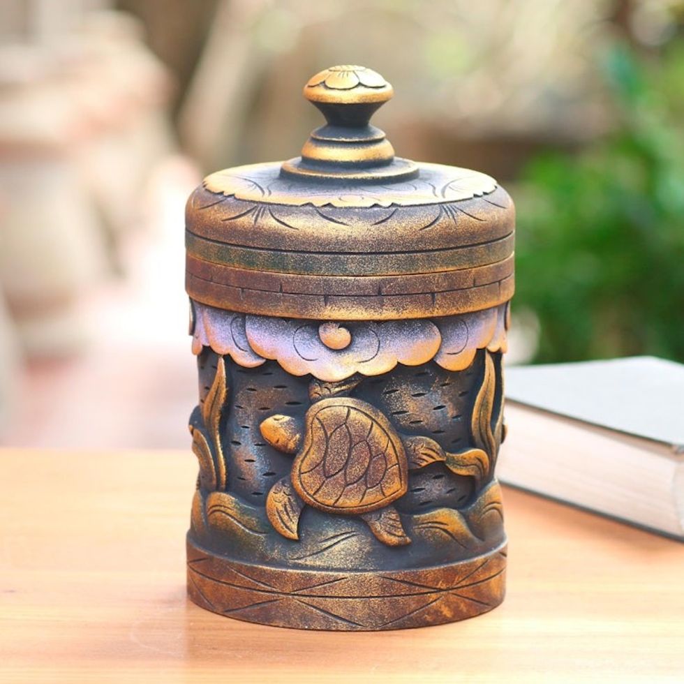 Handmade Mahogany Turtle Motif Lidded Box from Bali 'Turtle Paradise'