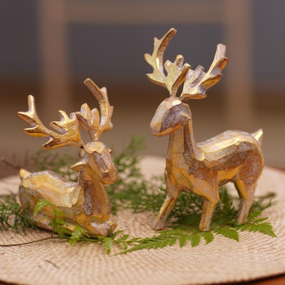 2 Golden Holiday Reindeer Wood Figurines Handmade in Bali 'Golden Reindeer'