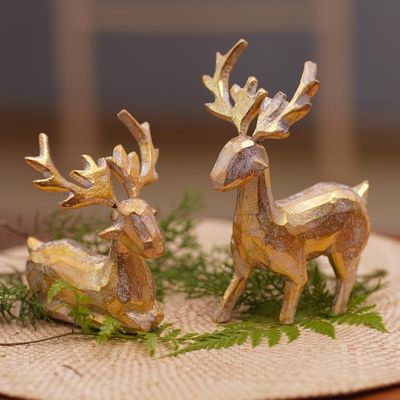 Alternate image for 2 Golden Holiday Reindeer Wood Figurines Handmade in Bali Golden Reindeer