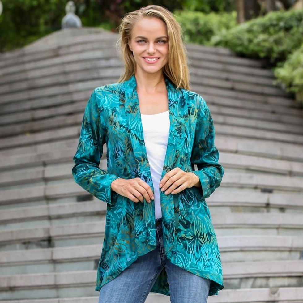 Long Sleeve Women's Rayon Jacket with Teal Floral Print 'Kenanga'