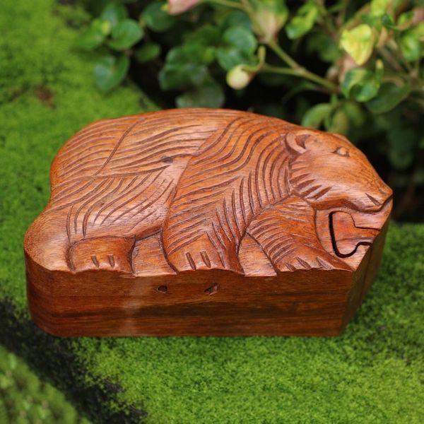 Alternate image for Hand Carved Suar Wood Bear Puzzle Box Hungry Bear