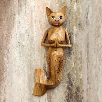Alternate image for Suar Wood Mermaid Cat Wall Sculpture from Bali Mermaid Cat