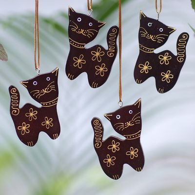 Alternate image for Set of 4 Mahogany Wood Cat Ornaments from Bali Sweet Felines