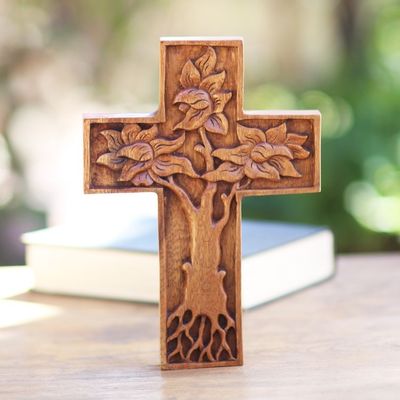 Alternate image for Hand-Carved Tree-Themed Suar Wood Wall Cross from Bali Peaceful Mangrove