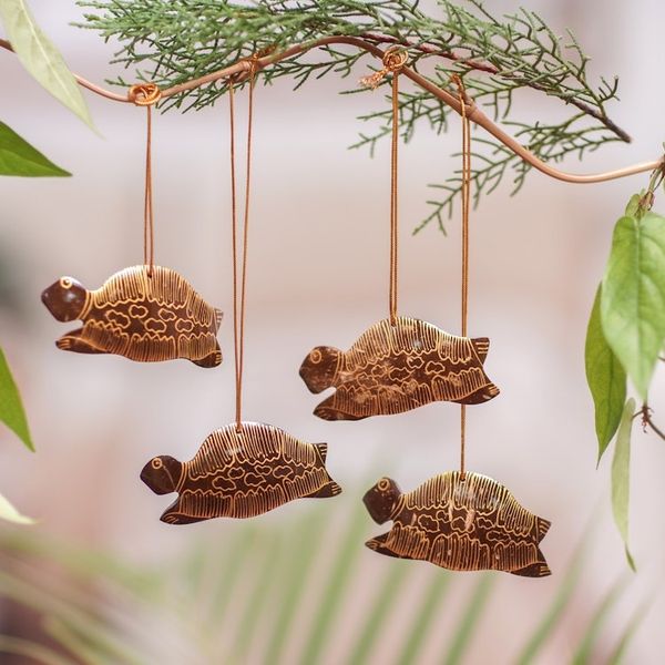 Alternate image for Set of 4 Handmade Brown Coconut Shell Turtle Ornaments Royal Turtle