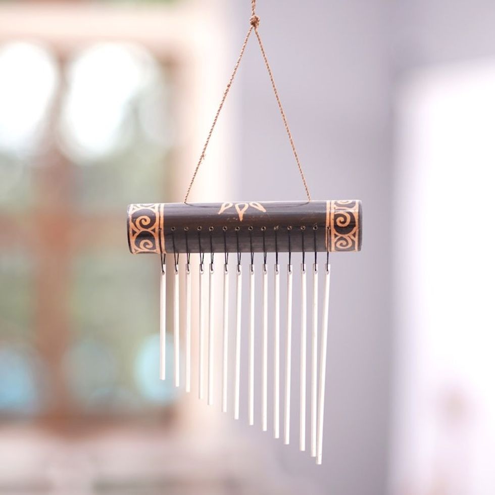 Handmade Sun Motif Bamboo and Aluminum Wind Chimes in Black 'In Tune with The Times'