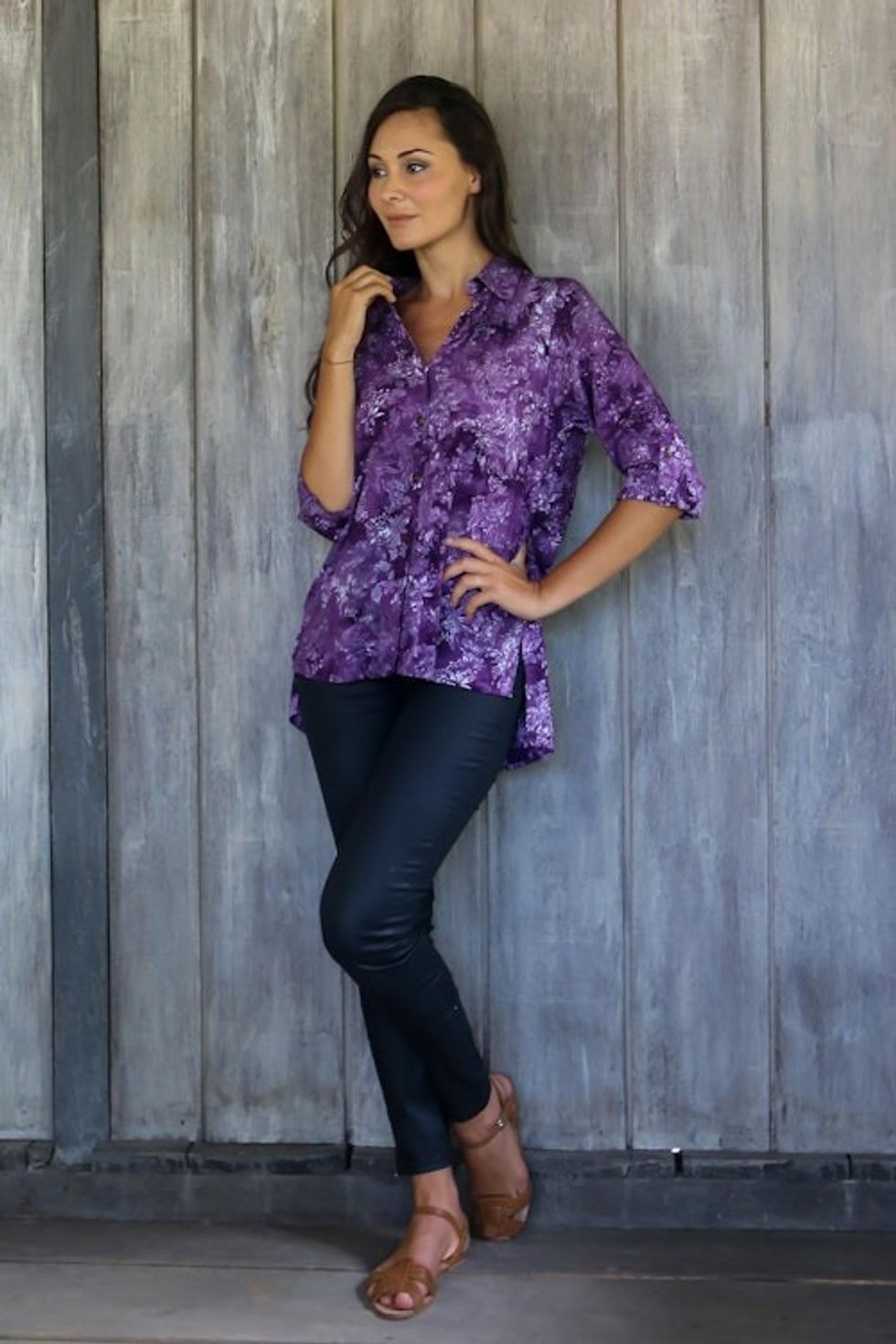 Hand Stamped Purple Floral Batik Rayon Shirt for Women 'Purple Lily'