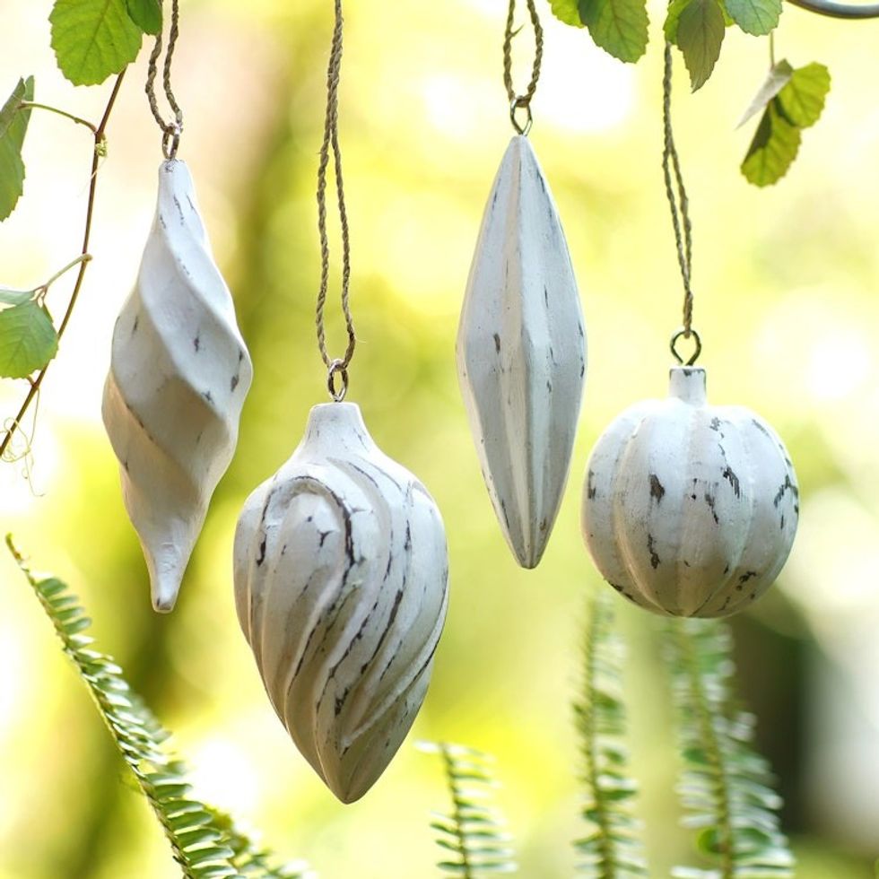 Four White Distressed Albesia Wood Ornaments from Bali 'Holiday Ambassadors'