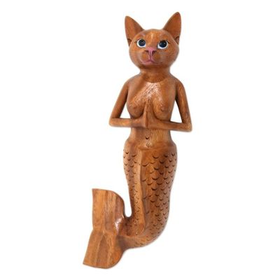 Alternate image for Suar Wood Mermaid Cat Wall Sculpture from Bali Mermaid Cat