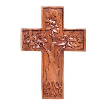 Alternate image for Hand-Carved Tree-Themed Suar Wood Wall Cross from Bali Peaceful Mangrove