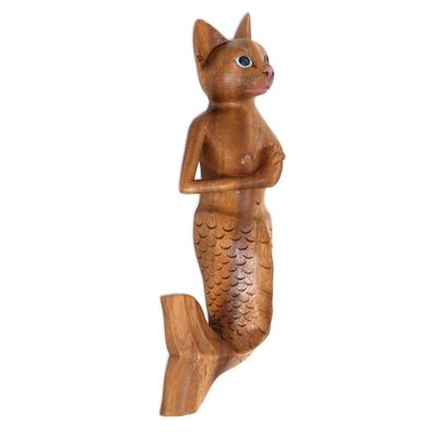 Alternate image for Suar Wood Mermaid Cat Wall Sculpture from Bali Mermaid Cat