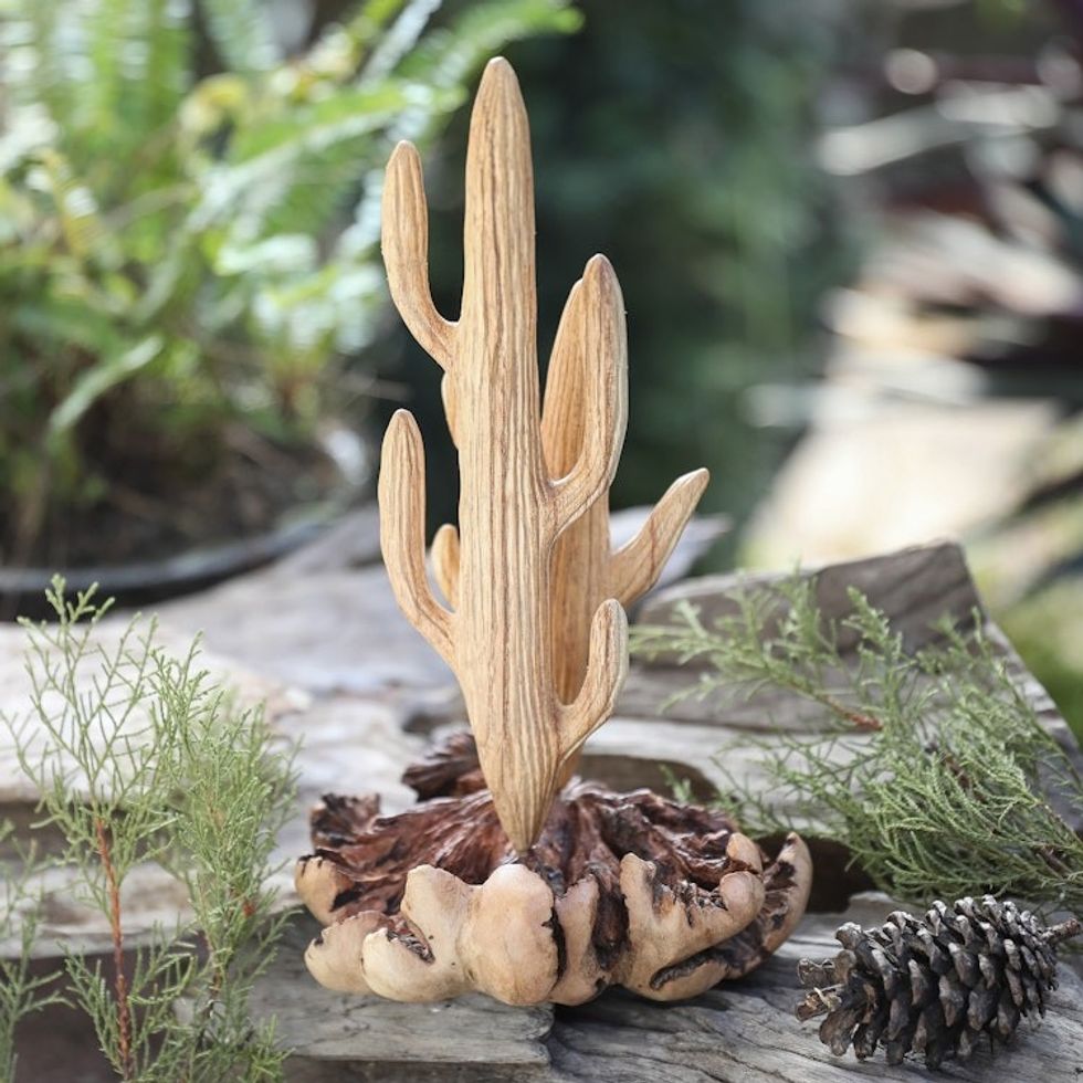 Handcrafted Wood Cactus Sculpture with Mushroom-Like Base 'The Cactus'