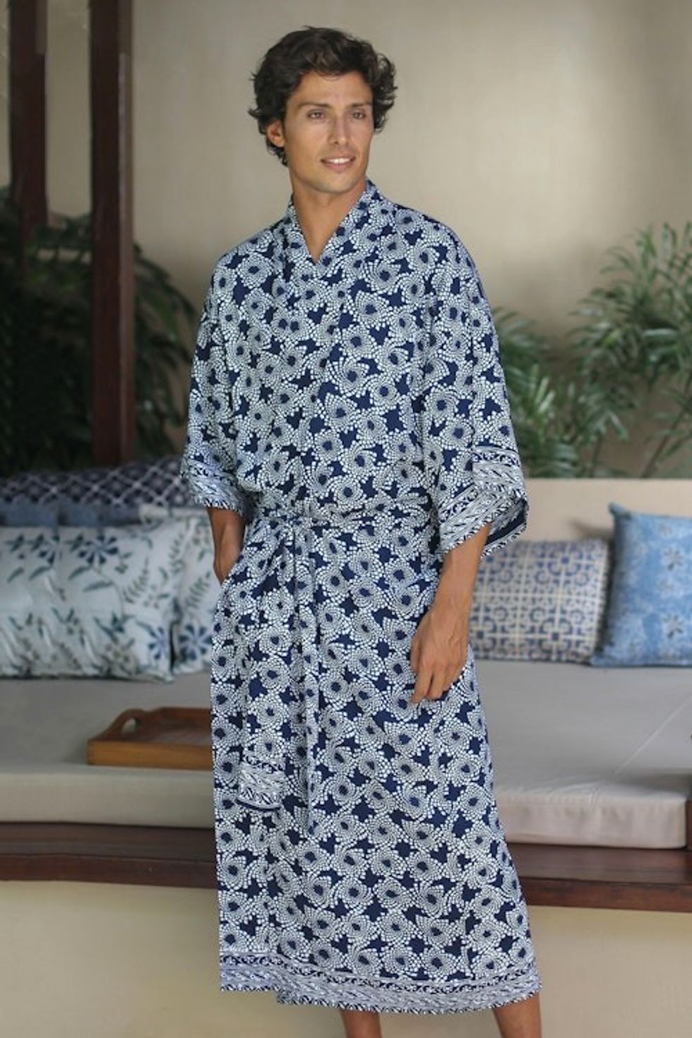 Men's Batik Robe from Indonesia 'Navy Blue Nebula'