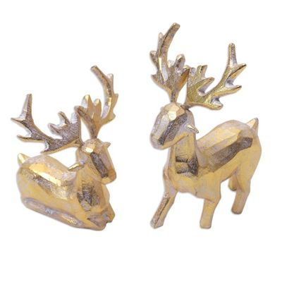 Alternate image for 2 Golden Holiday Reindeer Wood Figurines Handmade in Bali Golden Reindeer