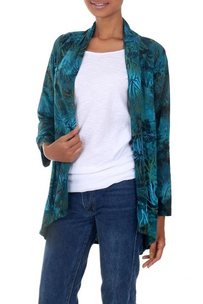 Alternate image for Long Sleeve Womens Rayon Jacket with Teal Floral Print Kenanga