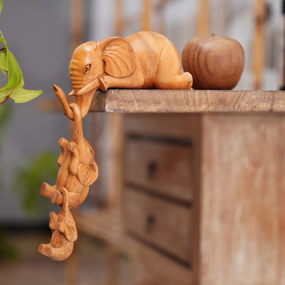 Hand-Carved Elephant Suar Wood Sculptures Set of 3 'Family Fun'