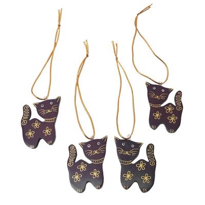 Alternate image for Set of 4 Mahogany Wood Cat Ornaments from Bali Sweet Felines