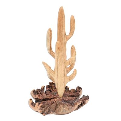 Alternate image for Handcrafted Wood Cactus Sculpture with Mushroom-Like Base The Cactus