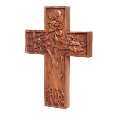 Alternate image for Hand-Carved Tree-Themed Suar Wood Wall Cross from Bali Peaceful Mangrove