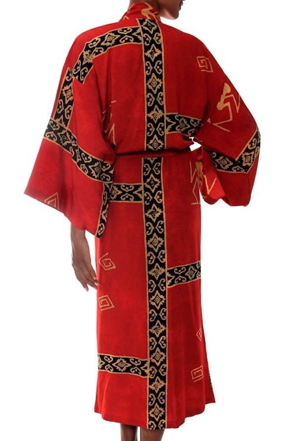 Alternate image for Womens Artisan Crafted Batik Patterned Cardinal Red Robe Cardinal Red