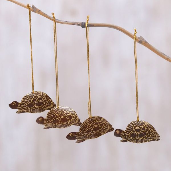 Alternate image for Set of 4 Handmade Brown Coconut Shell Turtle Ornaments Royal Turtle