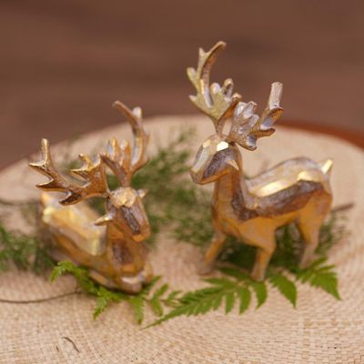 Alternate image for 2 Golden Holiday Reindeer Wood Figurines Handmade in Bali Golden Reindeer