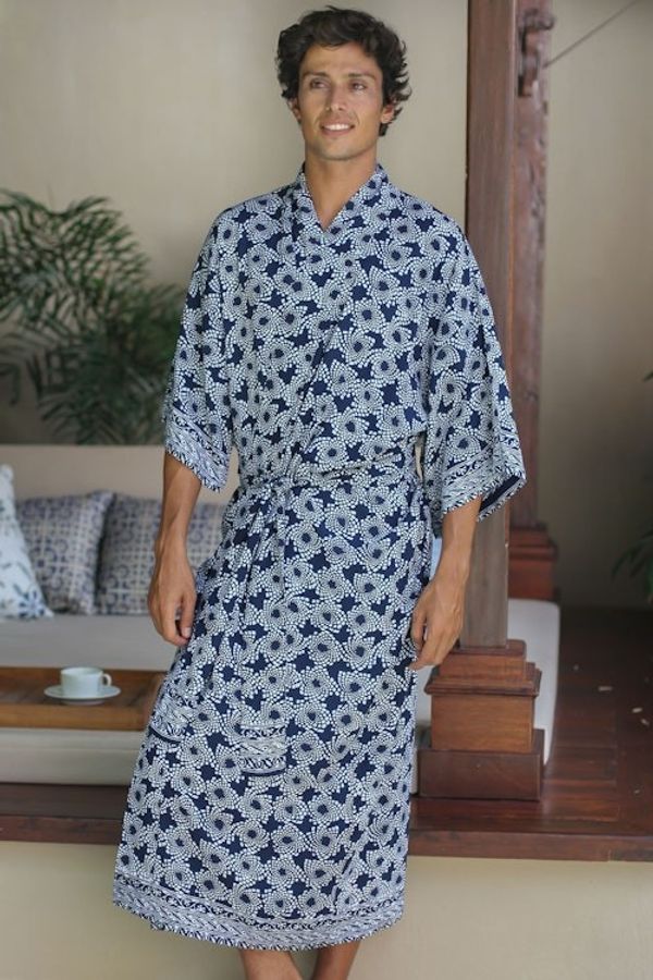 Alternate image for Mens Batik Robe from Indonesia Navy Blue Nebula