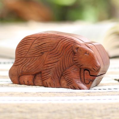 Alternate image for Hand Carved Suar Wood Bear Puzzle Box Hungry Bear