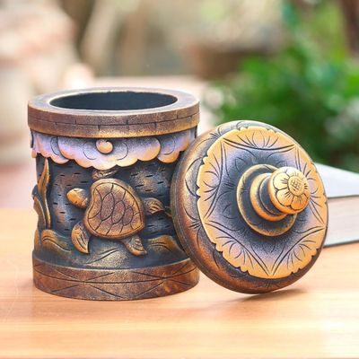 Alternate image for Handmade Mahogany Turtle Motif Lidded Box from Bali Turtle Paradise