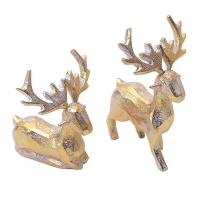 Alternate image for 2 Golden Holiday Reindeer Wood Figurines Handmade in Bali Golden Reindeer