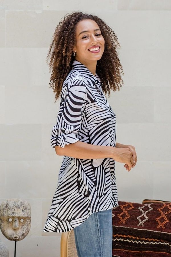 Alternate image for Silk-Screened Rayon Collared Shirt Palm Leaf in Black